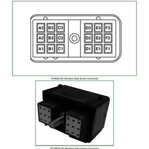 May include: Diagram of a wireless data server connector, labeled X7008, with a detailed schematic showing pin configurations A1-F3. Below, a black connector with multiple pin ports and a screw is shown. The image also includes component information.