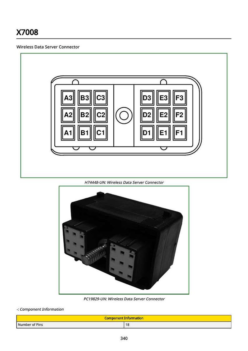 May include: Diagram of a wireless data server connector, labeled X7008, with a detailed schematic showing pin configurations A1-F3. Below, a black connector with multiple pin ports and a screw is shown. The image also includes component information.