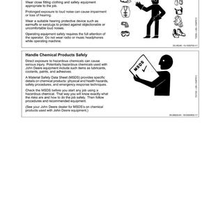 May include: A safety information sheet with the title "Safety" at the top. The sheet includes text about wearing protective clothing and handling chemical products safely. Illustrations of safety equipment are also included.