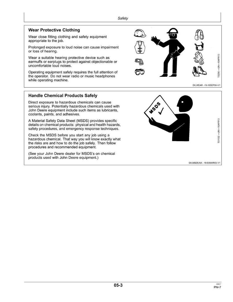 May include: A safety information sheet with the title "Safety" at the top. The sheet includes text about wearing protective clothing and handling chemical products safely. Illustrations of safety equipment are also included.