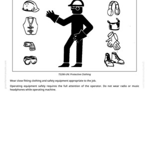 May include: Black and white illustration of required protective clothing. Includes a hard hat, vest, eye protection, ear protection, gloves, and boots. A stick figure demonstrates the use of the safety equipment. Text reads "Wear Protective Clothing."