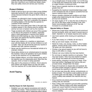 May include: A safety manual page with text about lawn mower safety, including warnings about children, slopes, and tipping. The page has a warning symbol and instructions for safe operation.