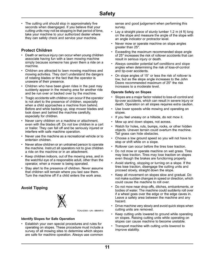 May include: A safety manual page with text about lawn mower safety, including warnings about children, slopes, and tipping. The page has a warning symbol and instructions for safe operation.