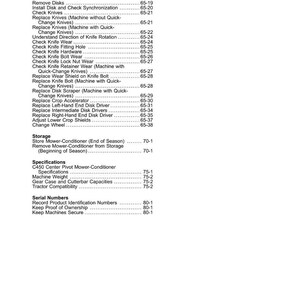 May include: A white printed page with a table of contents for a machine. The text includes topics like "Replace Knives", "Check Knife Wear", and "Machine Weight". The page numbers are listed on the right.