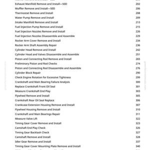 Puede incluir: Una p&aacute;gina blanca con una lista de procedimientos de reparaci&oacute;n de autom&oacute;viles y sus n&uacute;meros de p&aacute;gina correspondientes. El texto incluye t&eacute;rminos como "Engine Remove and Install", "Cylinder Head Repair" y "Oil Pump". La direcci&oacute;n del sitio web es visible.