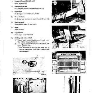 Puede incluir: Un diagrama de componentes del motor con etiquetas e ilustraciones. El diagrama incluye instrucciones de desmontaje y montaje, con pasos numerados e im&aacute;genes correspondientes de piezas del motor. El logotipo de Komatsu es visible.