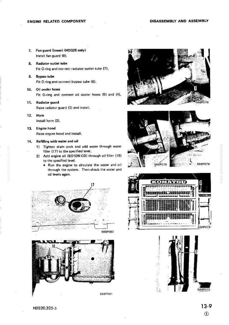 Puede incluir: Un diagrama de componentes del motor con etiquetas e ilustraciones. El diagrama incluye instrucciones de desmontaje y montaje, con pasos numerados e im&aacute;genes correspondientes de piezas del motor. El logotipo de Komatsu es visible.