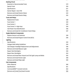 May include: A page from a manual with a table of contents. The topics include charging, starting, fuses, engine electrical components, lighting, and cab components. Page numbers are listed on the right.