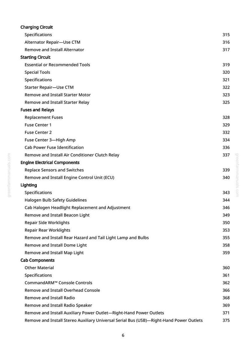 May include: A page from a manual with a table of contents. The topics include charging, starting, fuses, engine electrical components, lighting, and cab components. Page numbers are listed on the right.