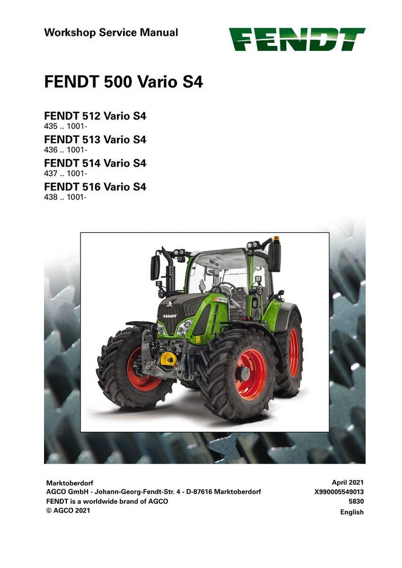 May include: Workshop Service Manual for FENDT 500 Vario S4 tractors. The cover features a green and red tractor with large tires. The FENDT logo is at the top, and the manual lists several model numbers.