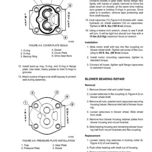 May include: Diagram of cover plate seals and pressure plate installation for an alternator and wheelmotor cooling air filter system. Includes labels for O-rings, dowels, and other components. Text includes instructions for installation and repair.