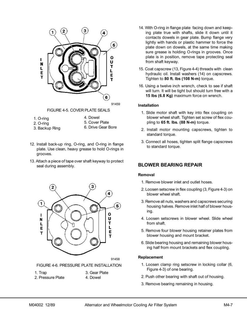 May include: Diagram of cover plate seals and pressure plate installation for an alternator and wheelmotor cooling air filter system. Includes labels for O-rings, dowels, and other components. Text includes instructions for installation and repair.