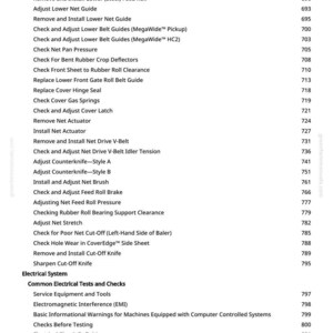 Op de afbeelding: Een pagina uit een handleiding met een lijst van reparatie- en onderhoudsprocedures voor landbouwmachines. De tekst bevat items als "Repareer sneden op de aanvoerrol" en "Controleer netpan druk".