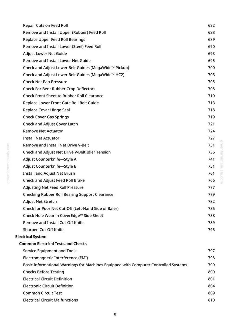 Op de afbeelding: Een pagina uit een handleiding met een lijst van reparatie- en onderhoudsprocedures voor landbouwmachines. De tekst bevat items als "Repareer sneden op de aanvoerrol" en "Controleer netpan druk".