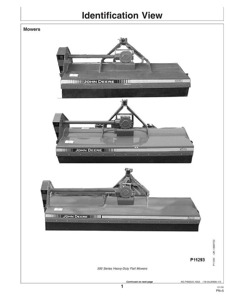 Pode incluir: Uma vista de identifica&ccedil;&atilde;o de tr&ecirc;s ceifadeiras de martelo John Deere s&eacute;rie 300. As ceifadeiras s&atilde;o cinzentas e pretas, com o log&oacute;tipo John Deere vis&iacute;vel. O texto "Identification View" e "Mowers" est&atilde;o no topo.