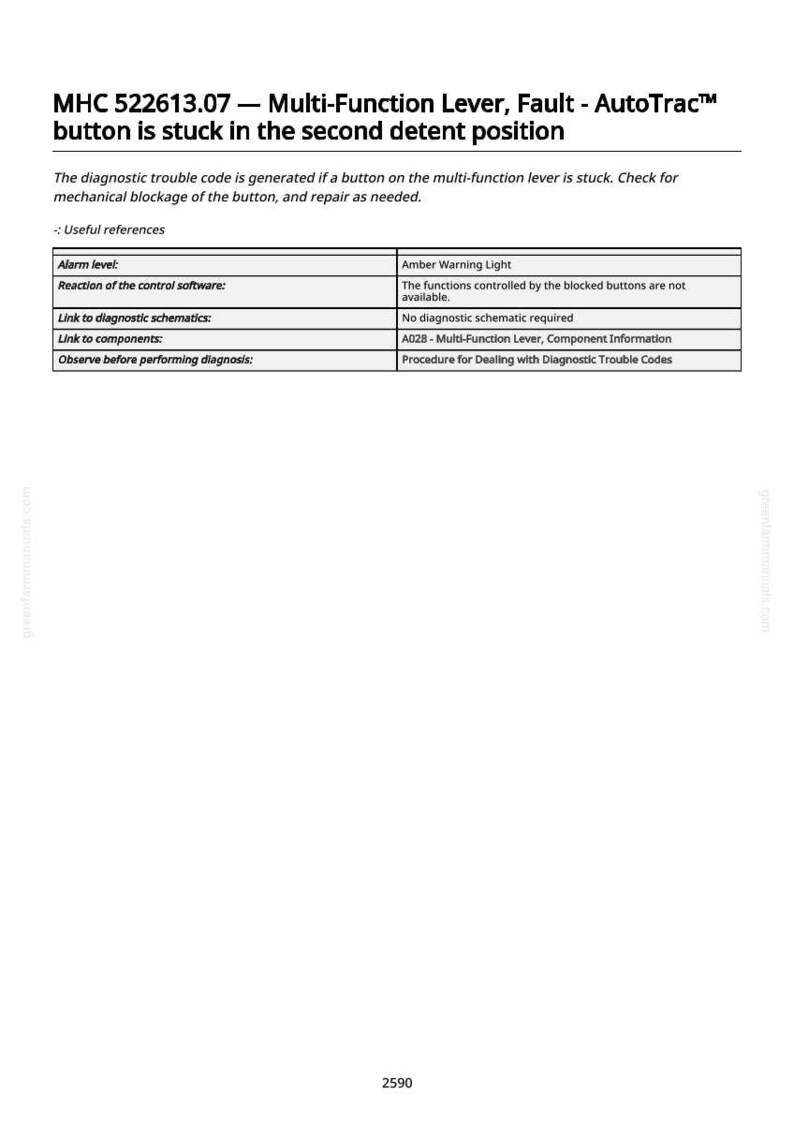 K&ouml;nnte beinhalten: Dokument mit dem Titel "MHC 522613.07 - Multifunktionshebel, Fehler - AutoTrac&trade;" mit Text, der anzeigt, dass ein Knopf klemmt. Enth&auml;lt eine Tabelle mit n&uuml;tzlichen Referenzen, wie z. B. Alarmlautst&auml;rke und Komponenteninformationen.