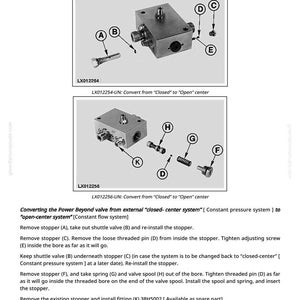 May include: Diagram of a power beyond application valve conversion, with labeled parts A through K. The image includes two diagrams, one labeled LX012254 and the other LX012256, with instructions for converting the valve.