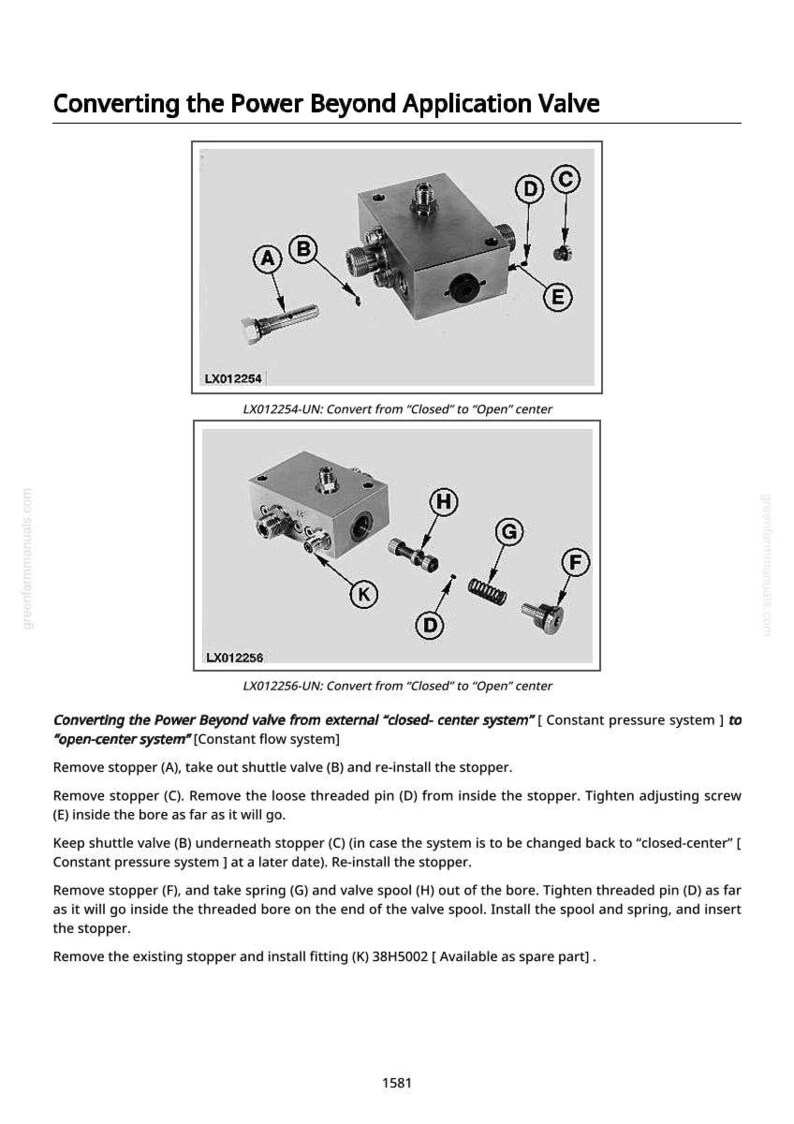 May include: Diagram of a power beyond application valve conversion, with labeled parts A through K. The image includes two diagrams, one labeled LX012254 and the other LX012256, with instructions for converting the valve.