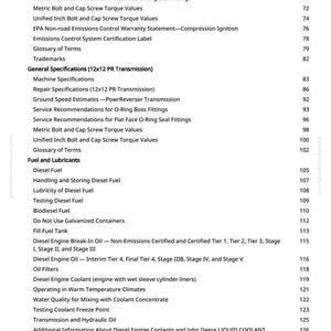 May include: A printed page from a manual with a table of contents. The document lists specifications, recommendations, and guidelines for diesel engines, including fuel, lubricants, and engine oil.