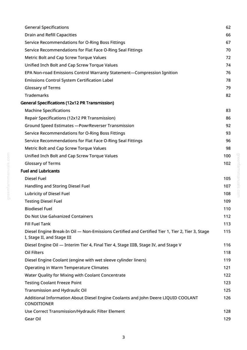 May include: A printed page from a manual with a table of contents. The document lists specifications, recommendations, and guidelines for diesel engines, including fuel, lubricants, and engine oil.