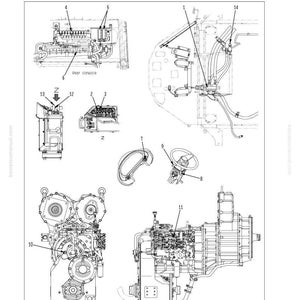 K&ouml;nnte beinhalten: Diagramm eines elektrischen Systems, Teil 3, elektrische Getriebesteuerung. Das Diagramm enth&auml;lt verschiedene nummerierte Komponenten, wie z. B. die hintere Konsole und andere mechanische Teile. Der Text "WA500-6" ist sichtbar.
