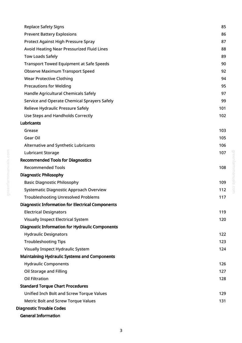 May include: A page from a manual with a table of contents. The text includes safety instructions, diagnostic information, and procedures for equipment maintenance. The page number is 3.