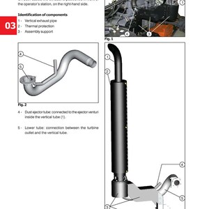 May include: Diagram of an exhaust system with labeled components. Includes a vertical exhaust pipe, thermal protection, and assembly support. The image also shows a dust ejector tube and a lower tube. Text reads "Exhaust system".