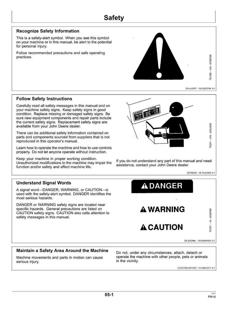 May include: A manual page headed "Safety" with safety information and signal words. Features a black exclamation mark symbol within a triangle, and the words "DANGER", "WARNING", and "CAUTION".