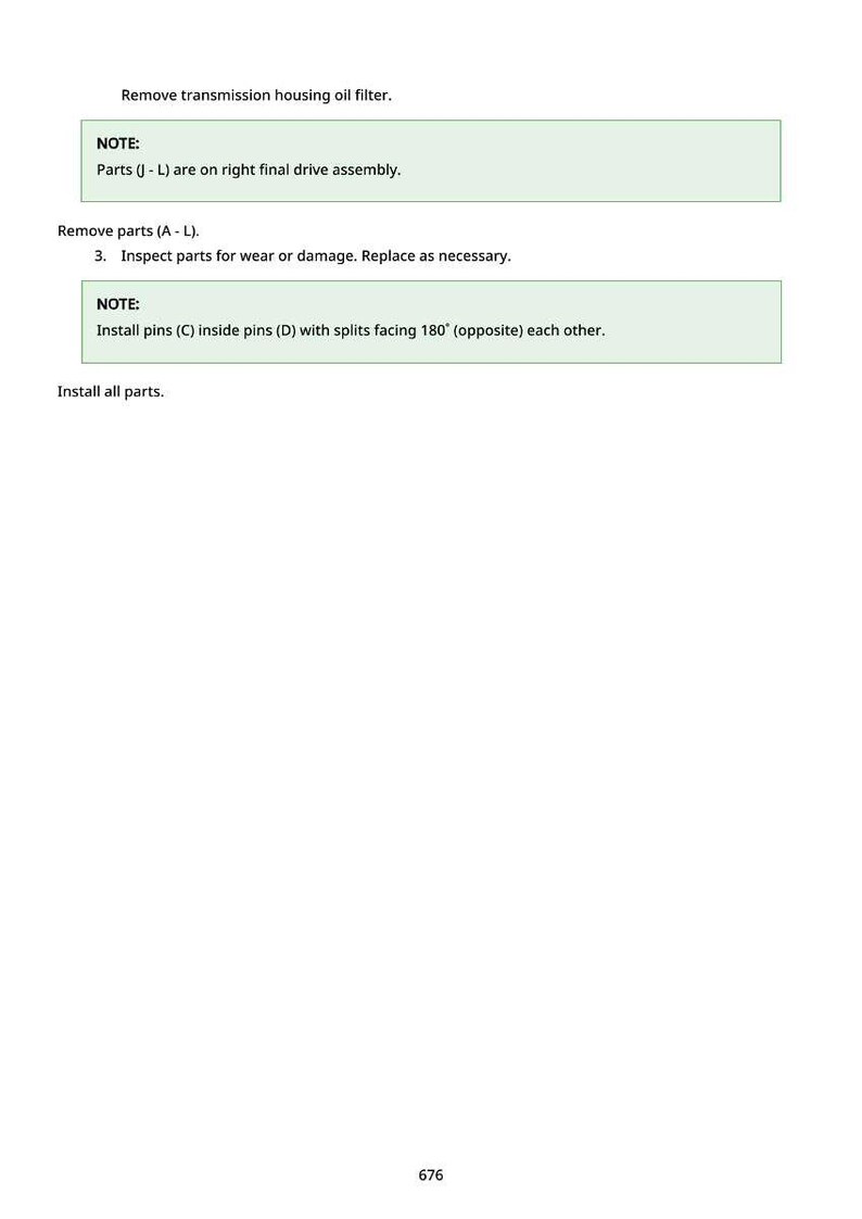 May include: A white page with instructions for automotive repair. The text includes steps to remove the transmission housing oil filter, inspect parts, and install pins. The page also includes the note that parts J-L are on the right final drive assembly.