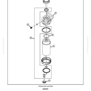 Może przedstawiać: Schemat rozłożony filtra paliwa, oznaczony jako "YC2314-UN: Fuel Filter". Schemat przedstawia elementy filtra, w tym śrubę korka spustowego, zestaw uszczelek, pokrywę, O-ring, filtr i korek spustowy. Obraz jest czarno-biały.