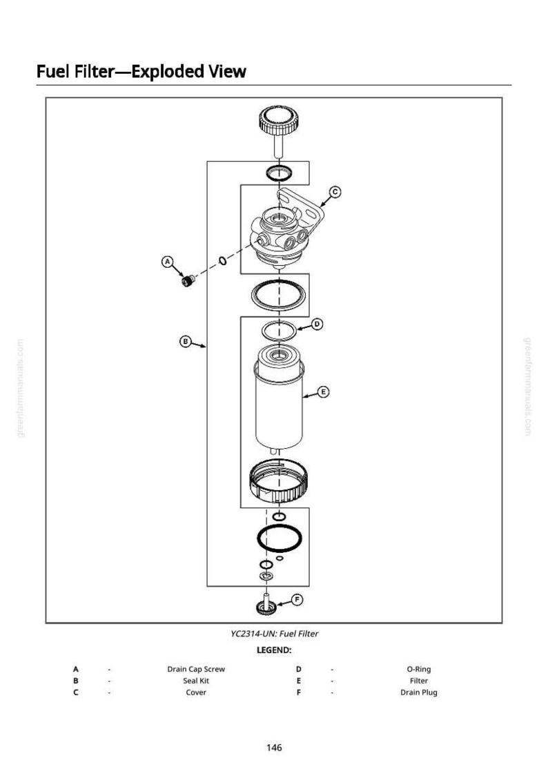 Może przedstawiać: Schemat rozłożony filtra paliwa, oznaczony jako "YC2314-UN: Fuel Filter". Schemat przedstawia elementy filtra, w tym śrubę korka spustowego, zestaw uszczelek, pokrywę, O-ring, filtr i korek spustowy. Obraz jest czarno-biały.