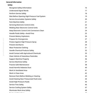 Może przedstawiać: Szczeg&oacute;łowy spis treści z instrukcji, wymieniający procedury bezpieczeństwa i informacje og&oacute;lne. Tekst jest czarny na białym tle, z numerami stron po prawej stronie. Tematy obejmują bezpieczeństwo i konserwację.