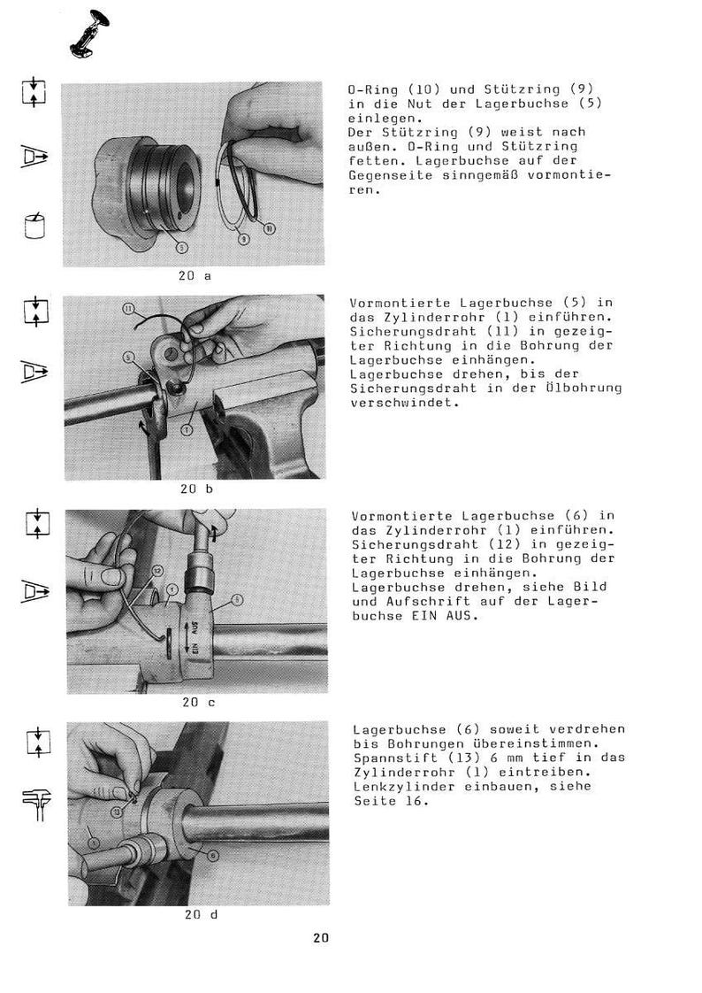May include: Technical diagram with step-by-step instructions for assembling a mechanical component. The image shows various parts, including O-rings, bushings, and retaining rings, with detailed illustrations and text labels.