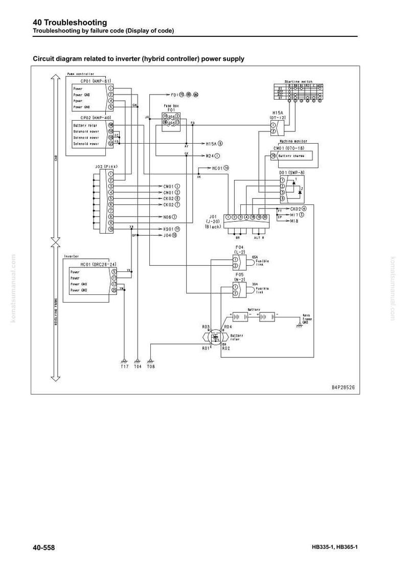May include: A detailed circuit diagram for an inverter (hybrid controller) power supply, featuring various components and labels. The diagram includes text such as "Troubleshooting" and "Circuit diagram", with a focus on failure codes.