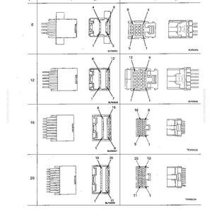 May include: A troubleshooting guide with a connection table for AMP040 type connectors. The diagram shows male and female housing connectors with varying numbers of pins: 8, 12, 16, and 20. The text includes "Troubleshooting" and "Connection Table".