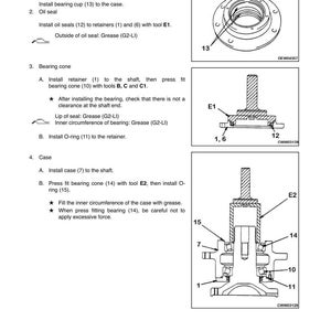 May include: Diagram of a mechanical assembly process, detailing the steps for disassembly and assembly. Includes illustrations of bearing cups, oil seals, bearing cones, and cases, with labels and tool references for each step. Text includes "DISASSEMBLY AND ASSEMBLY".