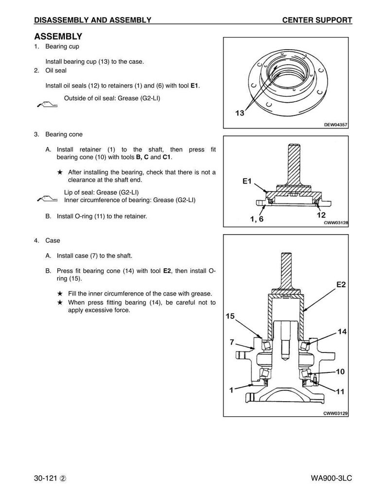 May include: Diagram of a mechanical assembly process, detailing the steps for disassembly and assembly. Includes illustrations of bearing cups, oil seals, bearing cones, and cases, with labels and tool references for each step. Text includes "DISASSEMBLY AND ASSEMBLY".
