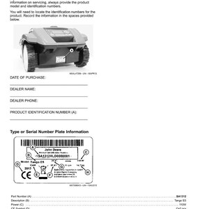May include: Product identification document with a robotic lawn mower image. Includes fields for purchase date, dealer information, and product identification number. A serial number plate shows model Tango E5.