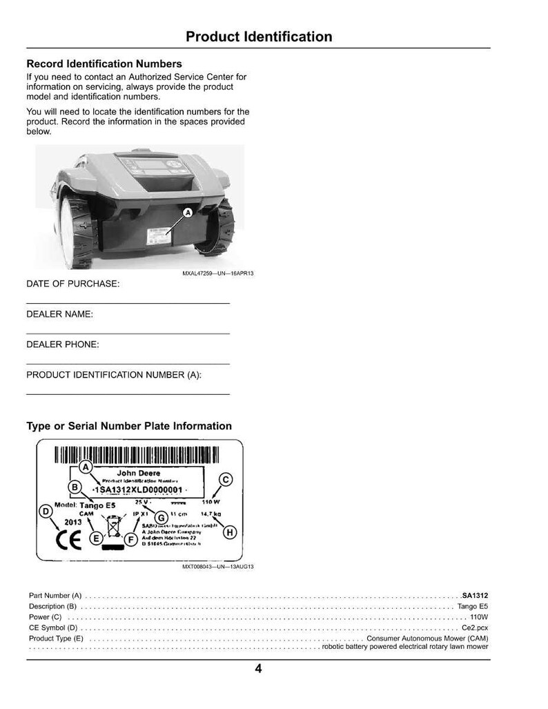 May include: Product identification document with a robotic lawn mower image. Includes fields for purchase date, dealer information, and product identification number. A serial number plate shows model Tango E5.