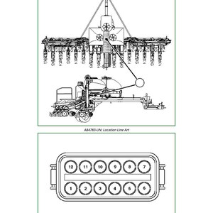 May include: Line art diagrams of agricultural machinery components. The top diagram shows a detailed view of a machine, while the bottom diagram displays an end view of a connector with numbered circular ports. Text includes "A84783-UN: Location Line Art" and "H54398-UN: End View."