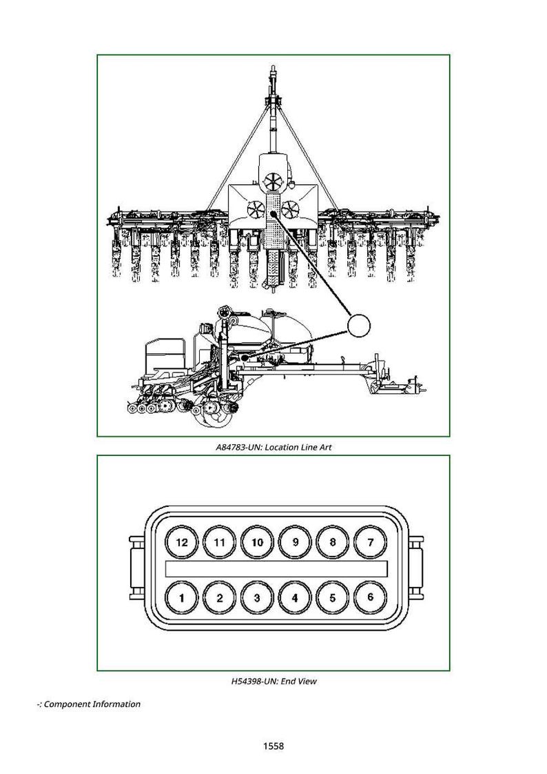 May include: Line art diagrams of agricultural machinery components. The top diagram shows a detailed view of a machine, while the bottom diagram displays an end view of a connector with numbered circular ports. Text includes "A84783-UN: Location Line Art" and "H54398-UN: End View."