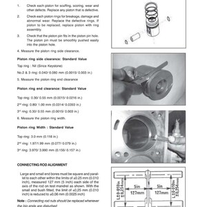Puede incluir: P&aacute;gina de un manual de taller con diagramas y texto que detallan los procedimientos de inspecci&oacute;n del motor. Incluye medidas en pulgadas y mil&iacute;metros para los aros de pist&oacute;n y la alineaci&oacute;n de la biela.