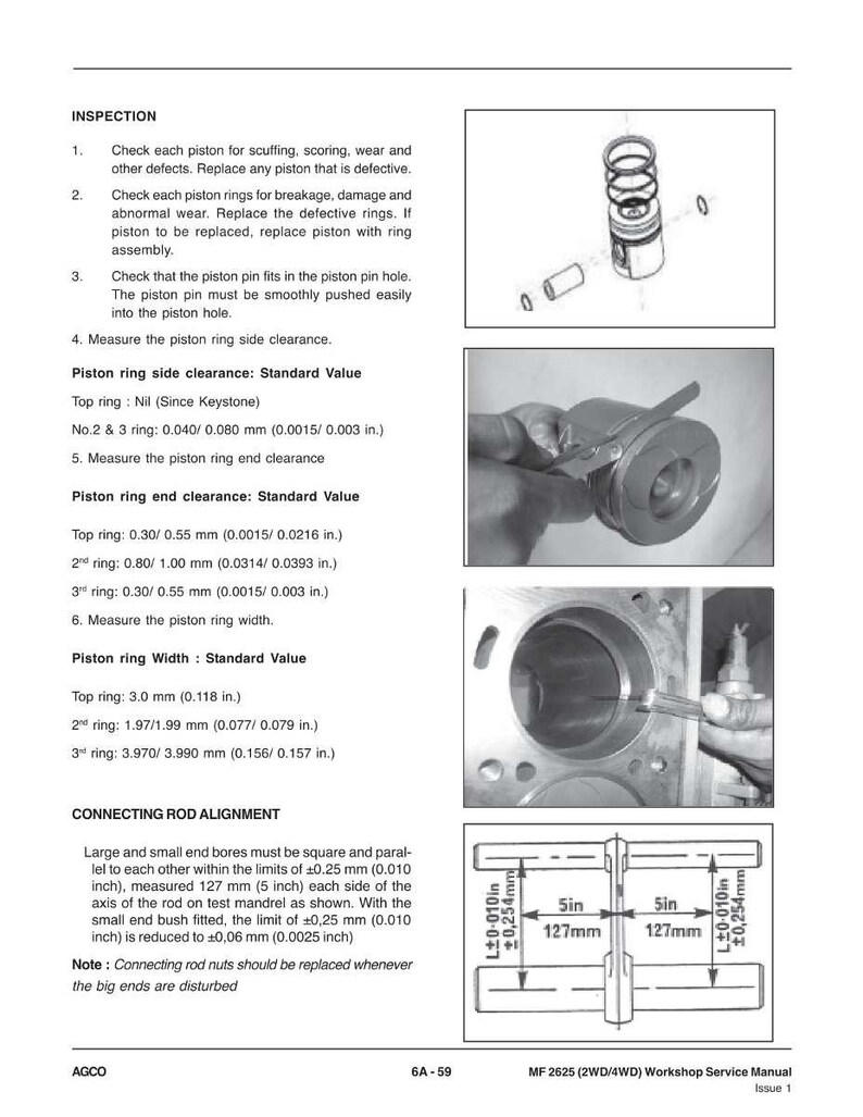 Puede incluir: P&aacute;gina de un manual de taller con diagramas y texto que detallan los procedimientos de inspecci&oacute;n del motor. Incluye medidas en pulgadas y mil&iacute;metros para los aros de pist&oacute;n y la alineaci&oacute;n de la biela.