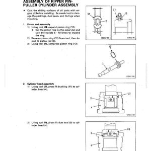 May include: A technical diagram detailing the assembly of a Ripper Pin-Puller Cylinder. The document provides step-by-step instructions and diagrams for piston rod and cylinder head assembly, including tool usage and part numbers. Measurements are included.