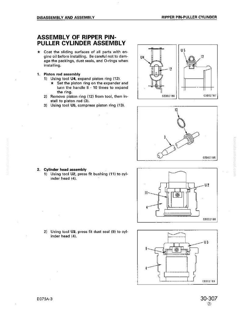May include: A technical diagram detailing the assembly of a Ripper Pin-Puller Cylinder. The document provides step-by-step instructions and diagrams for piston rod and cylinder head assembly, including tool usage and part numbers. Measurements are included.