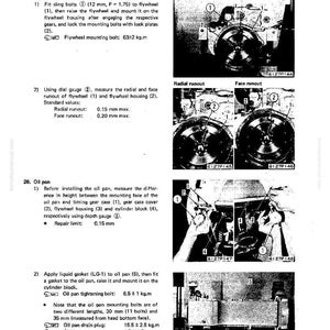 May include: A page from a manual with the title "General Assembly" and "Disassembly and Assembly". The page includes diagrams and text detailing the installation of a flywheel and oil pan, with measurements in millimeters and kilograms.