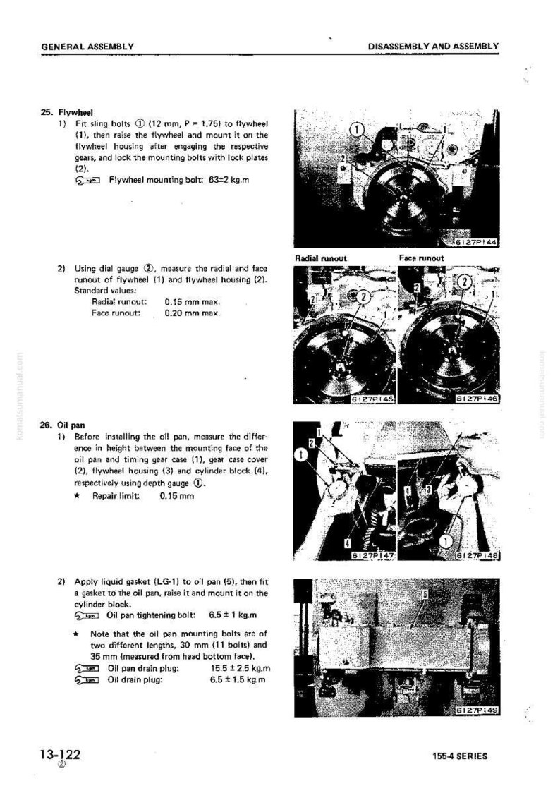 May include: A page from a manual with the title "General Assembly" and "Disassembly and Assembly". The page includes diagrams and text detailing the installation of a flywheel and oil pan, with measurements in millimeters and kilograms.