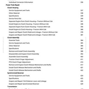Puede incluir: Una p&aacute;gina del manual greenfarmmanuals.com, que enumera temas de reparaci&oacute;n de tractores. Las secciones incluyen mazos de cables, carcasa del embrague, conjunto del embrague y componentes de la transmisi&oacute;n. Los n&uacute;meros de p&aacute;gina se enumeran.