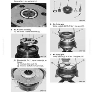 May include: Technical diagram illustrating a mechanical assembly process, with detailed views of gears, shafts, and washers. The image provides numbered steps and labels for disassembly and assembly instructions. The text includes "Disassembly and assembly" and "No. 1 sun gear shaft".
