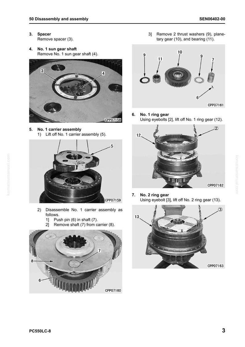 May include: Technical diagram illustrating a mechanical assembly process, with detailed views of gears, shafts, and washers. The image provides numbered steps and labels for disassembly and assembly instructions. The text includes "Disassembly and assembly" and "No. 1 sun gear shaft".